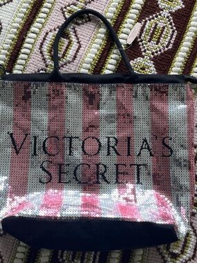 Victoria's Secret Pink and Silver Sequin Stripe Tote